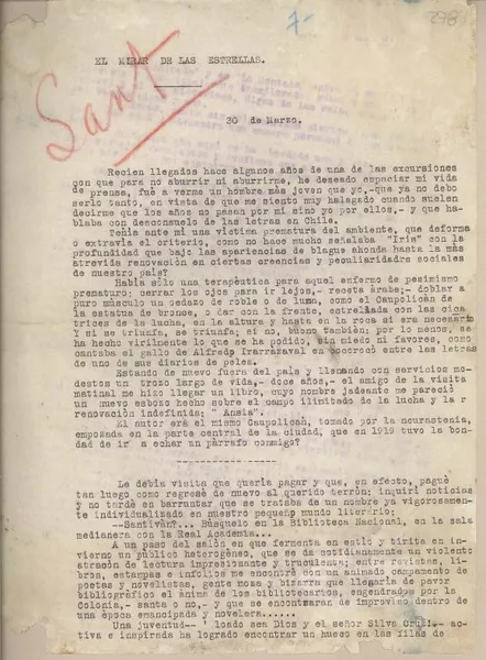 El mirar de las estrellas  [manuscrito] Fernando Santiván.