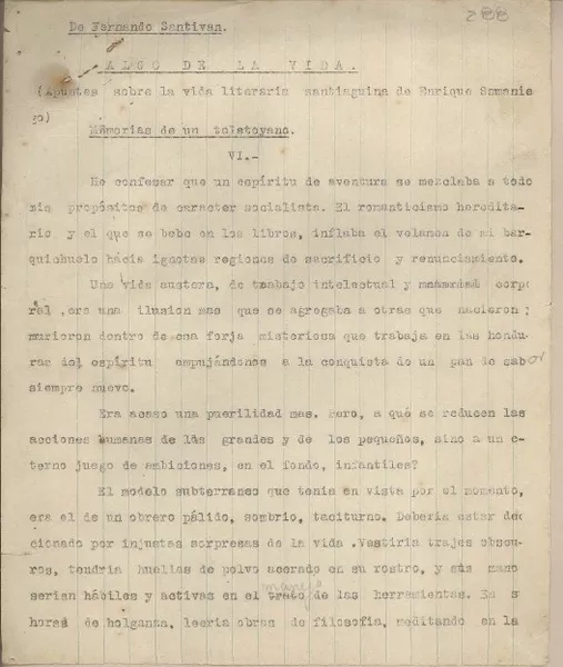 Algo de la vida  [manuscrito] Fernando Santiván.