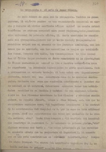 La propaganda o el arte de ganar dinero  [manuscrito] Fernando Santiván.