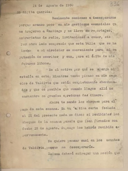 [Carta] 1950 agosto 14, Santiago, Chile [a su esposa]  [manuscrito] Fernando Santiván.