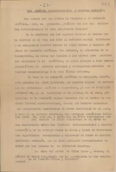 Los cambios internacionales y nuestra economía  [manuscrito] Fernando Santiván.