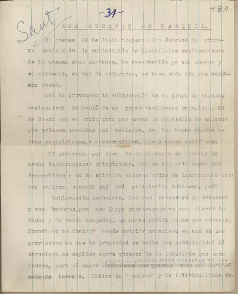 Los sucesos de Ranquil  [manuscrito] Fernando Santiván.