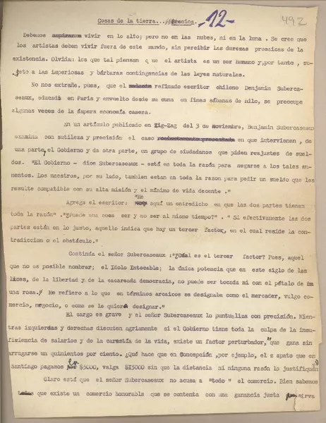 Cosas de la tierra...  [manuscrito] Fernando Santiván.