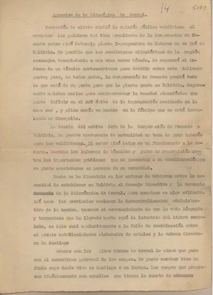Apremios de la siderúrgica de Corral  [manuscrito] Fernando Santiván.