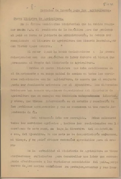 Nuevo ministro de agricultura  [manuscrito] Fernando Santiván.