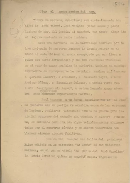 Por el ancho camino del mar  [manuscrito] Fernando Santiván.