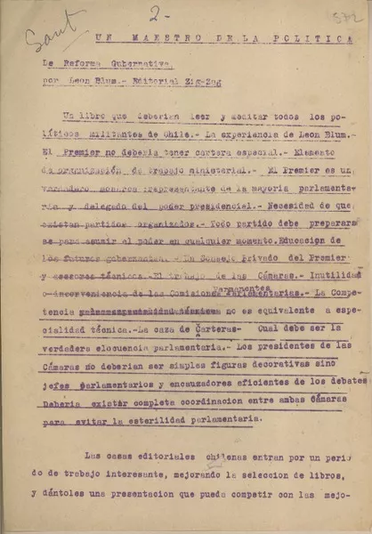 Un maestro de la política  [manuscrito] Fernando Santiván.