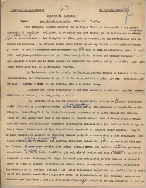 Dios se ha atrasado  [manuscrito] Fernando Santiván.