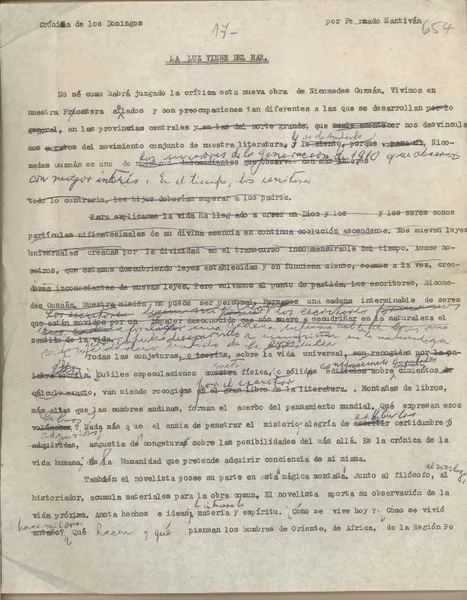 La luz viene del mar  [manuscrito] Fernando Santiván.