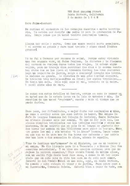 [Carta] 1948 mar. 3, Santa Barbara, California, [EE.UU.] [a] Jaime Benítez, [Puerto Rico]  [manuscrito] [Gabriela Mistral].