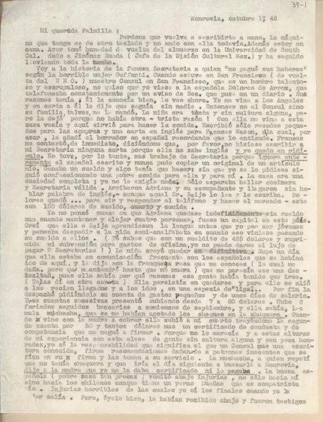 [Carta] 1946 oct. 1, Monrovia, [EE.UU.] [a] [Palma Guillén]  [manuscrito] [Gabriela Mistral].