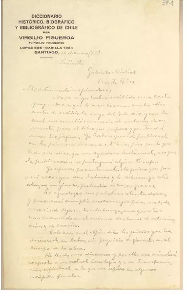 [Carta] 1933 ene. 10, Santiago, [Chile] [a] Gabriela Mistral, Puerto Rico  [manuscrito] Virgilio Figueroa.