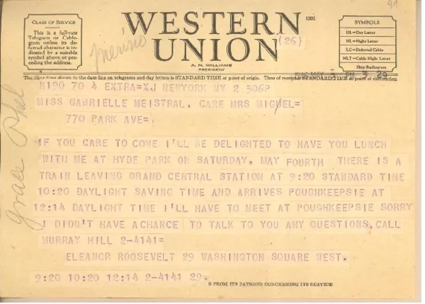 [Telegrama] 1946 May 2, New York, [EE.UU.] [a] Gabrielle Meistral [i.e. Gabriela Mistral], New York, [EE.UU.]  [manuscrito] Eleanor Roosevelt.