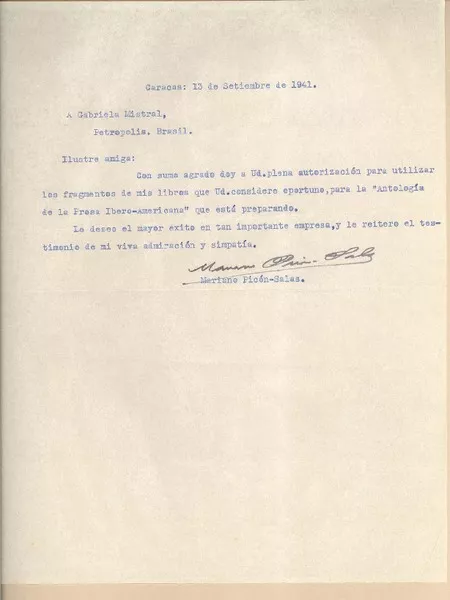 [Carta] 1941 sept. 13, Caracas, [Venezuela] [a] Gabriela Mistral, Petrópolis, Brasil  [manuscrito] Mariano Picón-Salas.