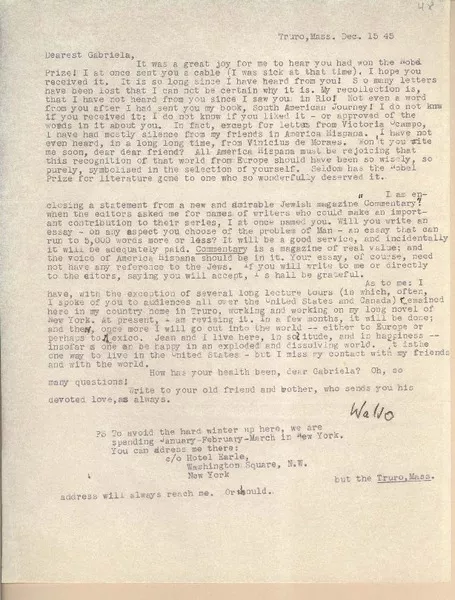 [Carta] 1945 Dec. 15, Truro, [Massachusetts], [EE.UU.] [a] Gabriela [Mistral]  [manuscrito] Waldo Frank.
