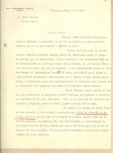 [Carta] 1938 mayo 23, Patagones, [Argentina] [a] René Bunster, Buenos Aires, [Argentina]  [manuscrito] Cornelio Casas.