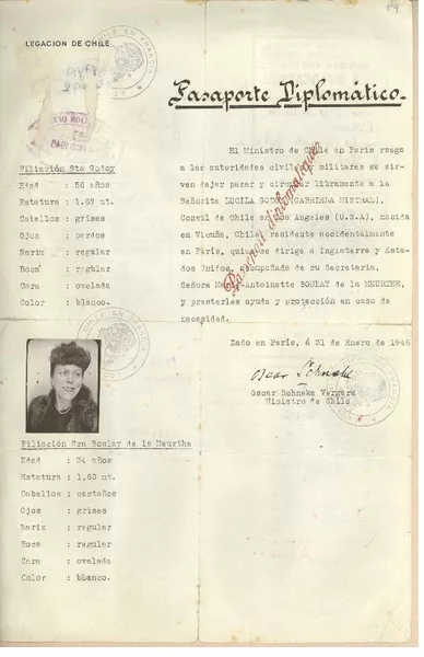 [Pasaporte diplomático] [a] Gabriela Mistral y su secretaria la Sra. Marie-Antoinette Boulay de la Meurthe]  [manuscrito] Oscar Schnake Vergara.