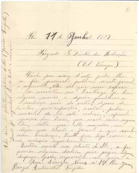 [Carta] 1937 jun. 11, Río de Janeiro, Brasil [a] Joaquín Edwards Bello  [manuscrito] Antonieta Trujillo.