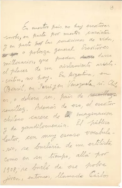 [En nuestro país no hay escritores snob,...]  [manuscrito] Joaquín Edwards Bello.