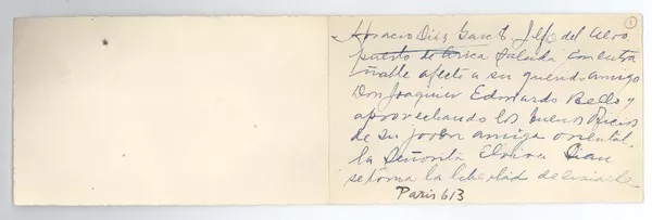 [Tarjeta] 1951 jun. 1, Arica, Chile [a] Joaquín Edwards Bello  [manuscrito] Horacio Díaz Garcés.