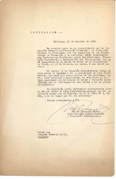 [Carta] 1953 oct. 13, Santiago, Chile [a] Joaquín Edwards Bello  [manuscrito] Horacio Díaz Garcés.