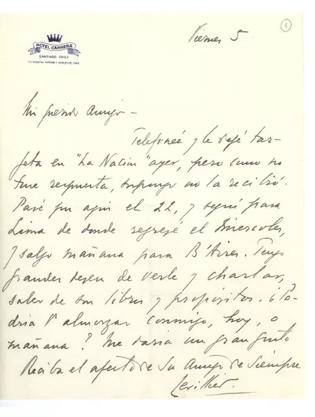 [Carta] 1957?, Santiago, Chile [a] Joaquín Edwards Bello  [manuscrito] Roberto Levillier.
