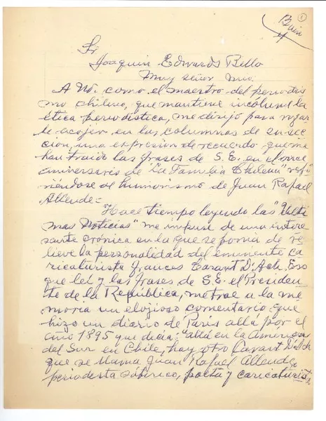 [Carta] 1951 nov. 19, Valdivia, Chile [a] Joaquín Edwards Bello  [manuscrito] Myrna Schmeisser.