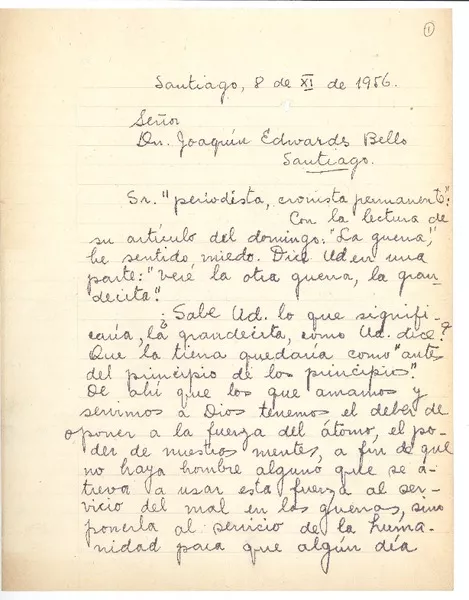 [Carta] 1956 nov. 8, Santiago, Chile [a] Joaquín Edwards Bello  [manuscrito] Guillermina S. de López.