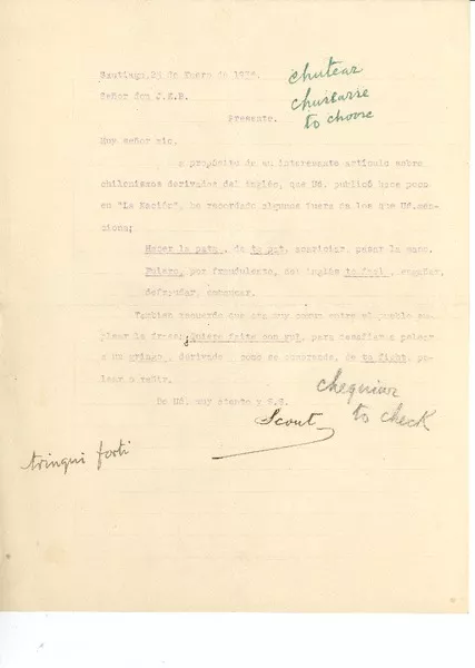 [Carta] 1938 ene. 25, Santiago, Chile [a] Joaquín Edwards Bello  [manuscrito] Scout.