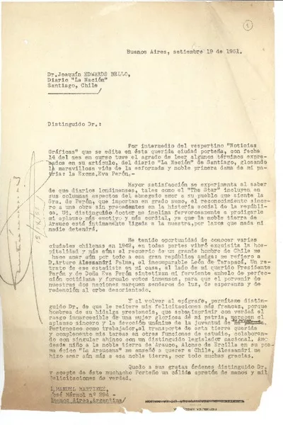 [Carta] 1951 sep. 19, Buenos Aires, Argentina [a] Joaquín Edwards Bello  [manuscrito] Manuel Martínez.