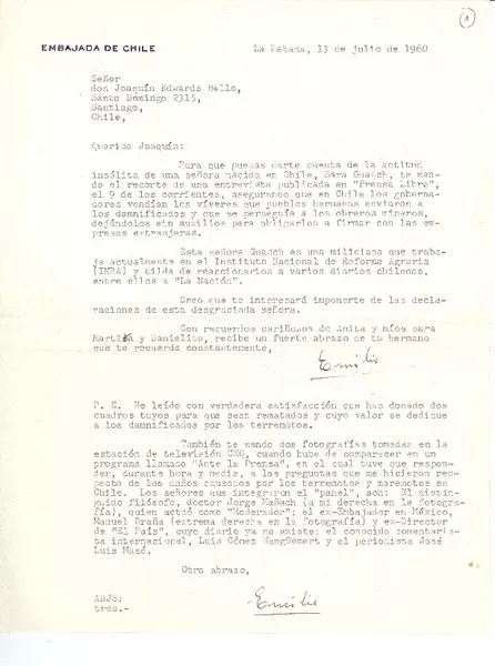 [Carta] 1960 jul. 13, La Habana, Cuba [a] Joaquín Edwards Bello, Santiago, Chile  [manuscrito] Emilio Edwards Bello.