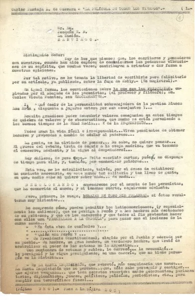 [Carta] 1957?, Santiago, Chile [a] Joaquín Edwards Bello  [manuscrito] Carlos Pantoja Ladrón de Guevara.
