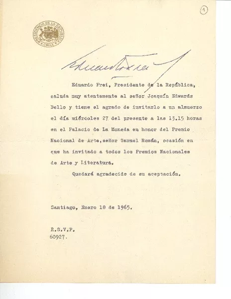 [Carta] 1965 ene. 18, Santiago, Chile [a] Joaquín Edwards Bello  [manuscrito] Eduardo Frei Montalva.