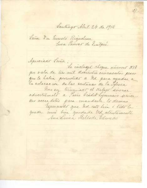 [Carta] 1916 abr. 24, Santiago, Chile [al] Cura Párroco Ernesto Riquelme  [manuscrito] Ana Luisa Bello de Edwards.