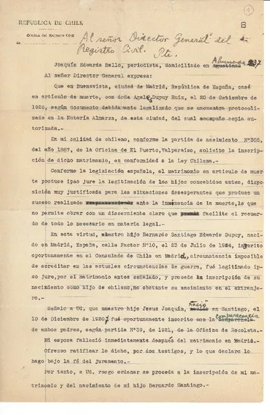 [Carta] c.1926, Santiago, Chile [a] Oficina del Registro Civil Edwards Bello  [manuscrito] Joaquín Edwards Bello.