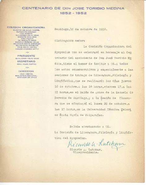 [Carta] 1952 oct. 10, Santiago, Chile [a] Joaquín Edwards Bello  [manuscrito] Ricardo A. Latcham.