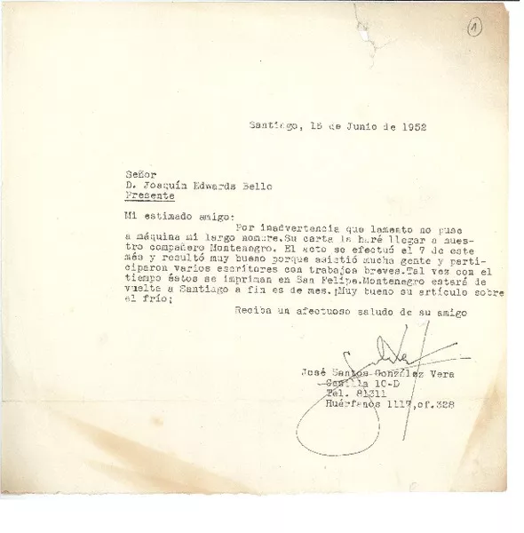 [Carta] 1952 jun. 16, Santiago, Chile [a] Joaquín Edwards Bello  [manuscrito] José Santos González Vera.