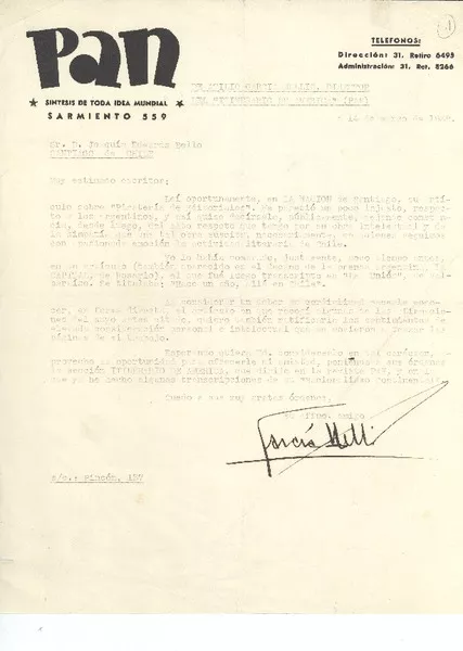 [Carta] 1938 mar. 14, Buenos Aires, Argentina [a] Joaquín Edwards Bello  [manuscrito] Atilio García Mellid.