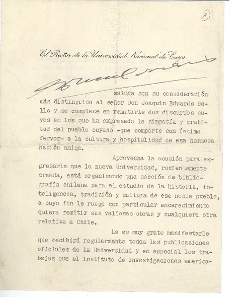 [Carta] 1931 oct. 31, Mendoza, Argentina [a] Joaquín Edwards Bello  [manuscrito] Universidad Nacional de Cuyo (Argentina).