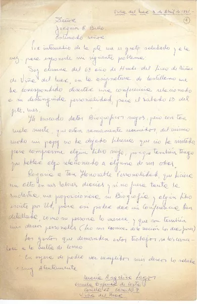 [Carta] 1961 abr. 3, Viña del Mar, Santiago, Chile [a] Joaquín Edwards Bello  [manuscrito] María Angélica Lagos.