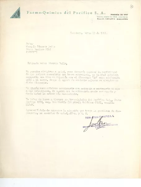 [Carta] 1961 mar. 13, Santiago, Chile [a] Joaquín Edwards Bello  [manuscrito] Juan Díaz.