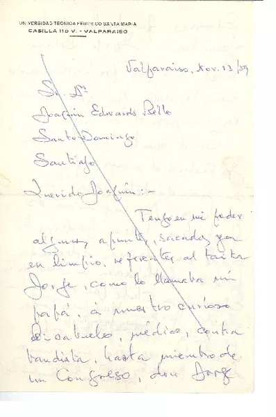 [Carta] 1959 nov. 13, Valparaíso, Chile [a] Joaquín Edwards Bello  [manuscrito] Ernesto Ross.