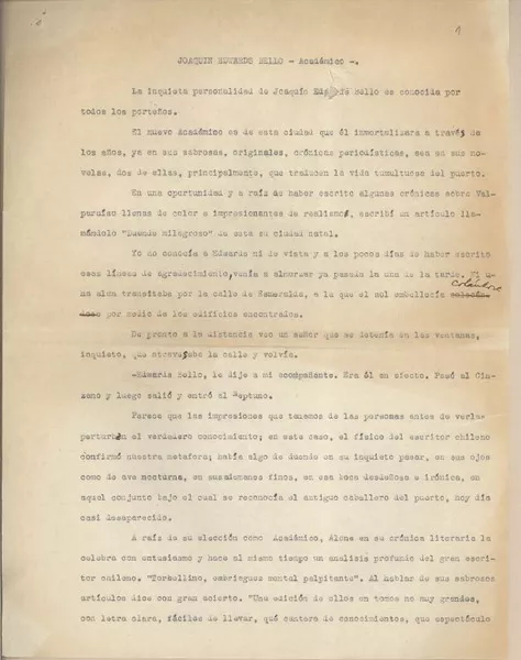 Joaquín Edwards Bello - Académico  [manuscrito] Roberto Zegers de la Fuente.