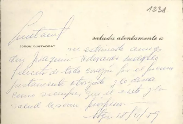 [Tarjeta] 1959 noviembre 18 Santiago, [Chile] [a] Joaquín Edwards Bello  [manuscrito] Jorge Costadoat.