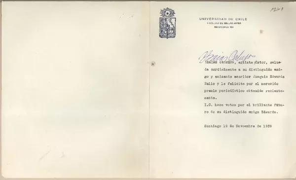[Tarjeta] 1959 noviembre 19, Santiago, [Chile] [a] Joaquín Edwards Bello  [manuscrito] Isaías Cabezón.