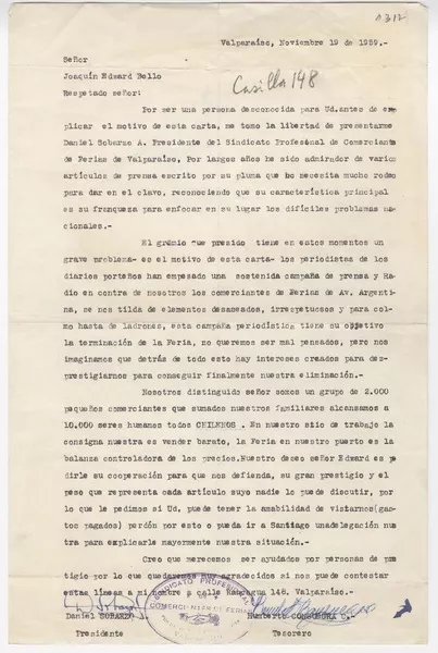 [Carta] 1959 noviembre 19, Valparaíso, [Chile] [a] Joaquín Edwards Bello  [manuscrito] Sindicato Profesional de Comerciantes de Ferias de Valparaíso.