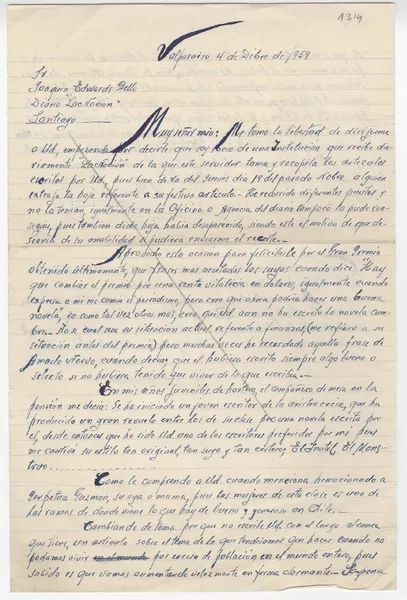 [Carta] 1959 diciembre 4, Valparaíso, [Chile] [a] Joaquín Edwards Bello  [manuscrito] A. Rodrigo.