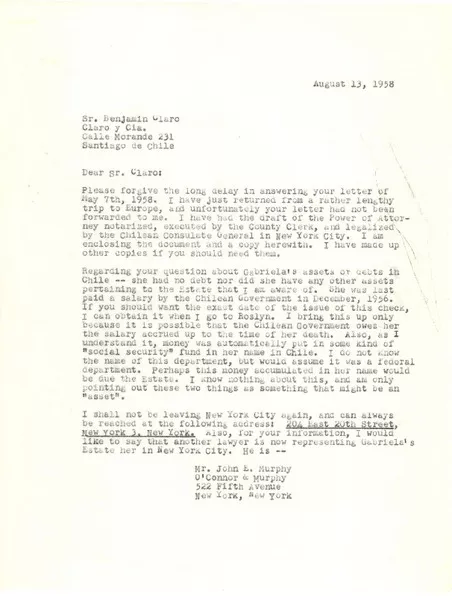 [Carta] 1958 ago. 13, New York [a] Benjamín Claro, Santiago, Chile  [manuscrito] Doris Dana.