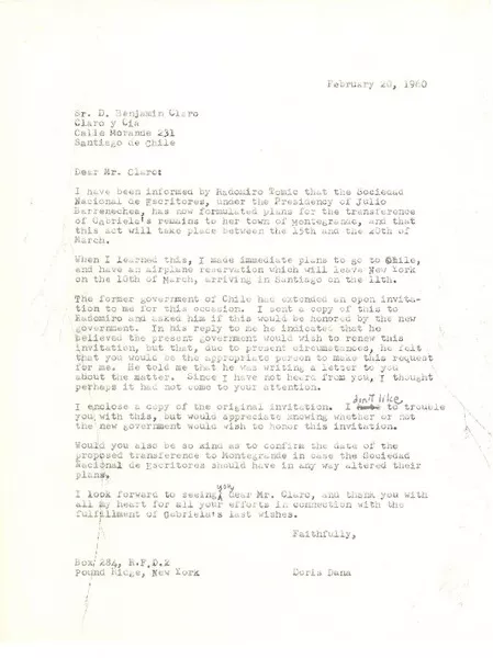 [Carta] 1960 feb. 20,Pound Ridge, New York [a] Benjamín Claro, Santiago, Chile  [manuscrito] Doris Dana