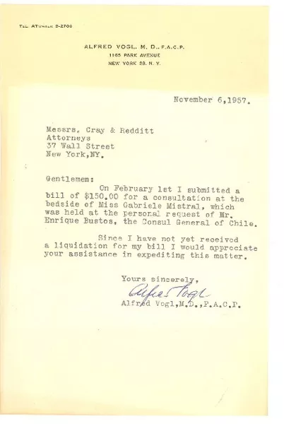 [Tarjeta] 1957 nov. 6, New York [a] Messrs. Cray & Redditt, New York  [manuscrito] Alfred Vogl.